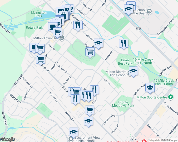 map of restaurants, bars, coffee shops, grocery stores, and more near 234 Bell Street in Milton