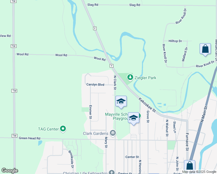map of restaurants, bars, coffee shops, grocery stores, and more near 1077 Carolyn Boulevard in Mayville