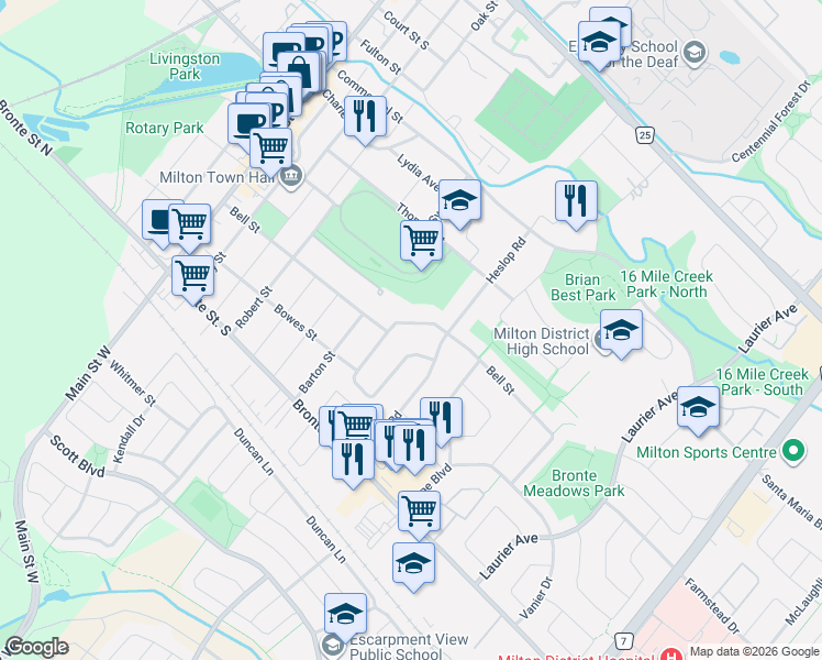 map of restaurants, bars, coffee shops, grocery stores, and more near 228 Bell Street in Milton