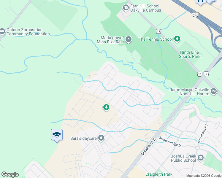 map of restaurants, bars, coffee shops, grocery stores, and more near 1361 Loon Lane in Oakville