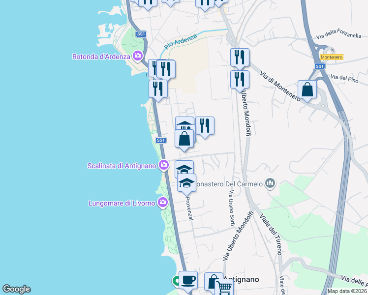 map of restaurants, bars, coffee shops, grocery stores, and more near 28 Via Carlo Puini in Livorno