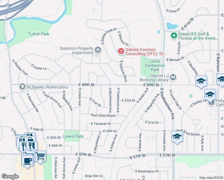 map of restaurants, bars, coffee shops, grocery stores, and more near 2301-2415 East 49th Street in Sioux Falls