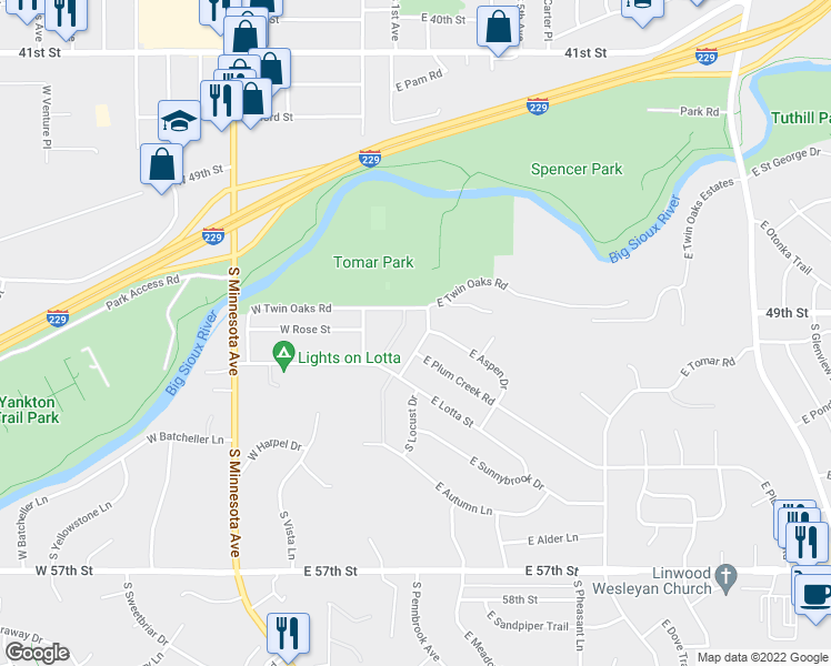 map of restaurants, bars, coffee shops, grocery stores, and more near 117 East Twin Oaks Road in Sioux Falls