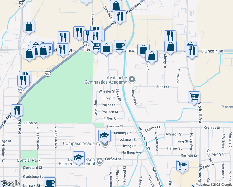 map of restaurants, bars, coffee shops, grocery stores, and more near 1326 Vernon Avenue in Idaho Falls