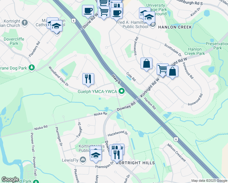 map of restaurants, bars, coffee shops, grocery stores, and more near 105 Woodland Glen Drive in Guelph