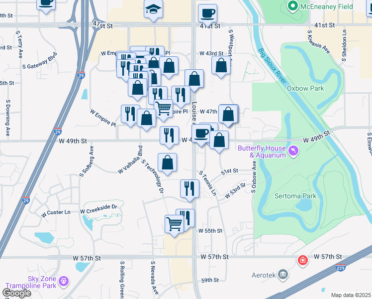 map of restaurants, bars, coffee shops, grocery stores, and more near 3701 South Louise Avenue in Sioux Falls