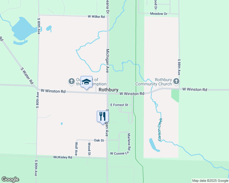 map of restaurants, bars, coffee shops, grocery stores, and more near 2768 West Winston Road in Rothbury