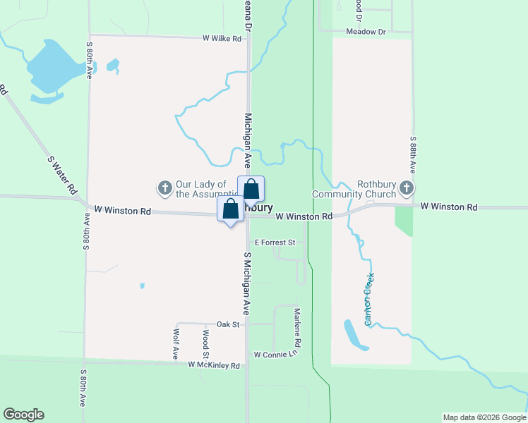 map of restaurants, bars, coffee shops, grocery stores, and more near 2714 West Winston Road in Rothbury
