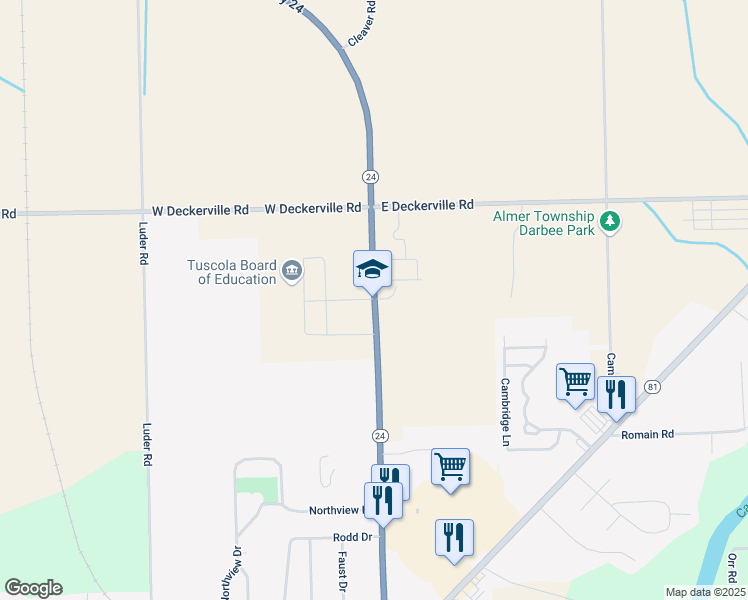 map of restaurants, bars, coffee shops, grocery stores, and more near 1418 Cleaver Road in Caro