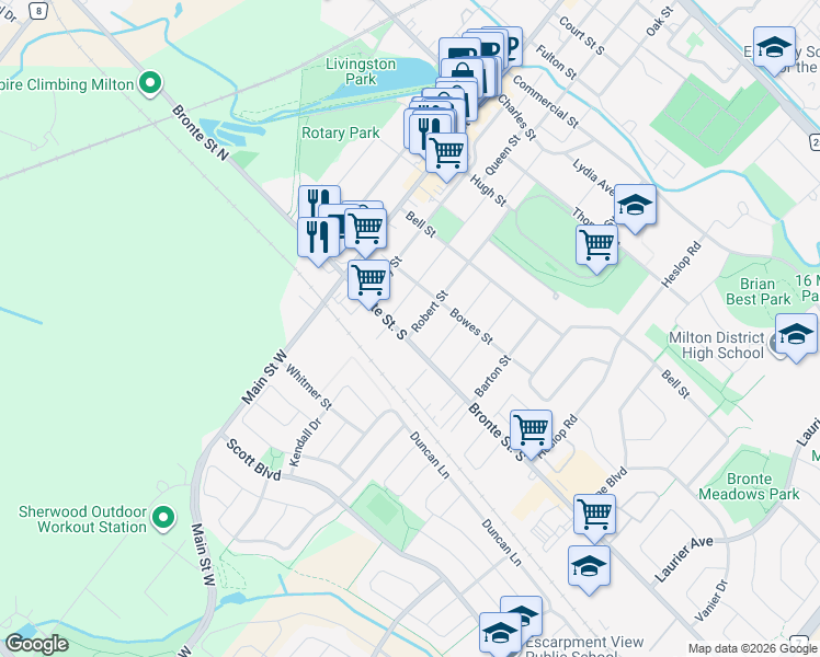 map of restaurants, bars, coffee shops, grocery stores, and more near in Milton