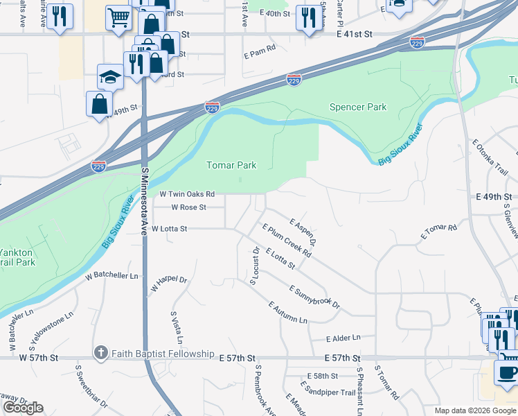 map of restaurants, bars, coffee shops, grocery stores, and more near 117 East Twin Oaks Road in Sioux Falls