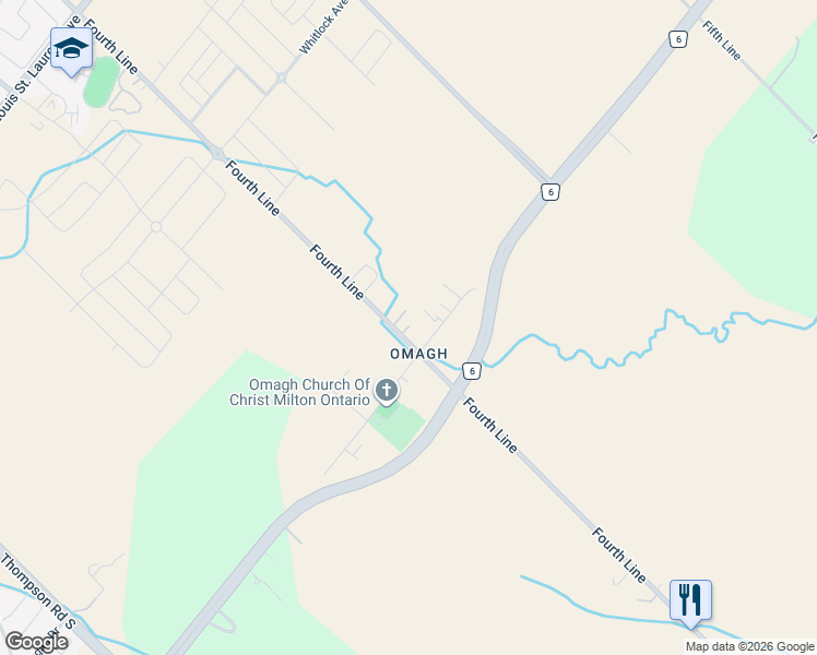 map of restaurants, bars, coffee shops, grocery stores, and more near 1595 Fourth Line in Milton