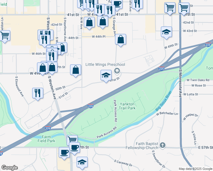 map of restaurants, bars, coffee shops, grocery stores, and more near 1401 West 51st Street in Sioux Falls