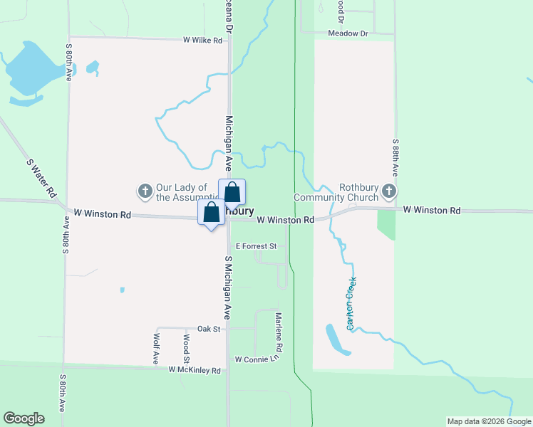 map of restaurants, bars, coffee shops, grocery stores, and more near 2714 West Winston Road in Rothbury