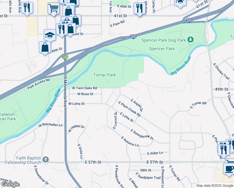 map of restaurants, bars, coffee shops, grocery stores, and more near 117 East Twin Oaks Road in Sioux Falls