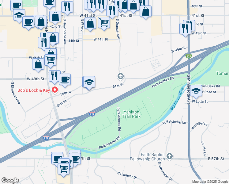 map of restaurants, bars, coffee shops, grocery stores, and more near 1401 West 51st Street in Sioux Falls