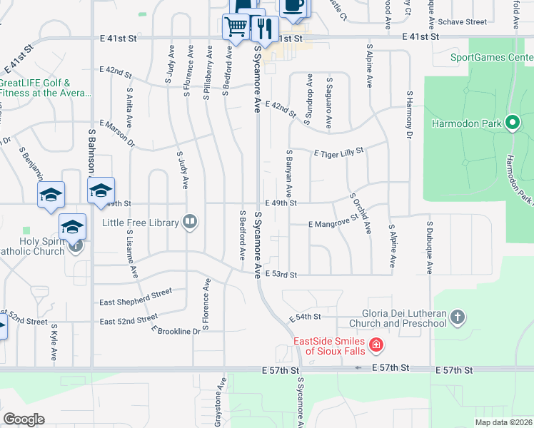 map of restaurants, bars, coffee shops, grocery stores, and more near 4100 South Sycamore Avenue in Sioux Falls