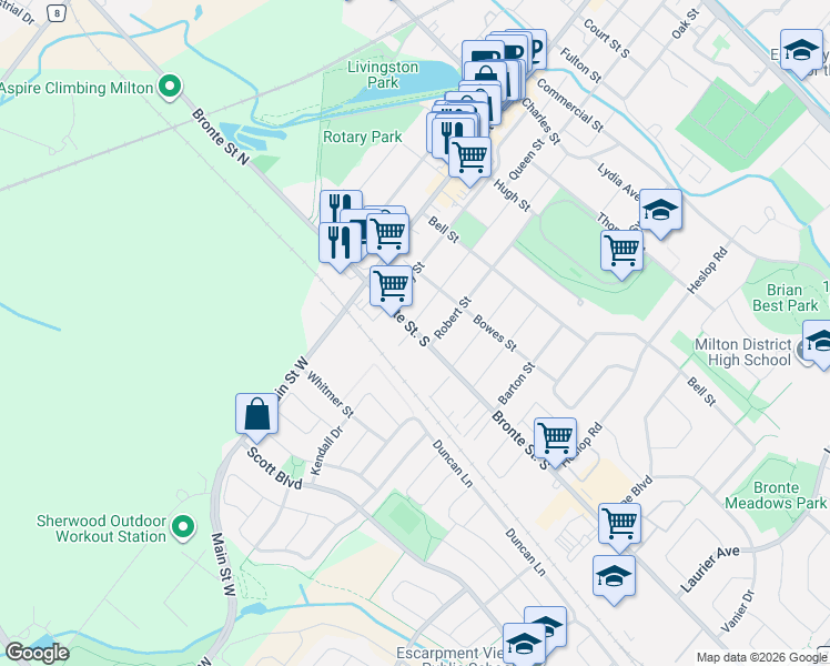 map of restaurants, bars, coffee shops, grocery stores, and more near 64 Bronte Street South in Milton