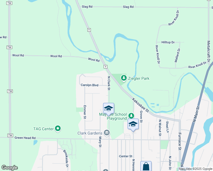 map of restaurants, bars, coffee shops, grocery stores, and more near 1077 Carolyn Boulevard in Mayville