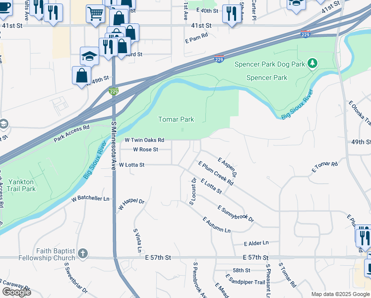 map of restaurants, bars, coffee shops, grocery stores, and more near 117 East Twin Oaks Road in Sioux Falls