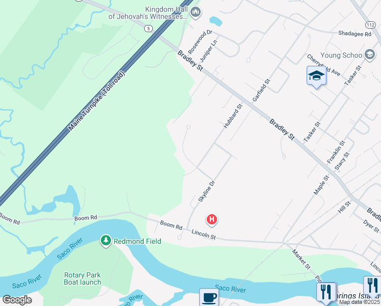 map of restaurants, bars, coffee shops, grocery stores, and more near 15 Evergreen Drive in Saco