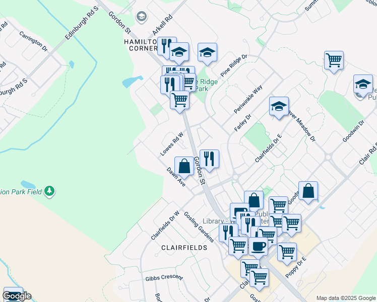 map of restaurants, bars, coffee shops, grocery stores, and more near 1563 Gordon Street in Guelph