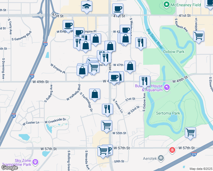 map of restaurants, bars, coffee shops, grocery stores, and more near 3701 South Louise Avenue in Sioux Falls