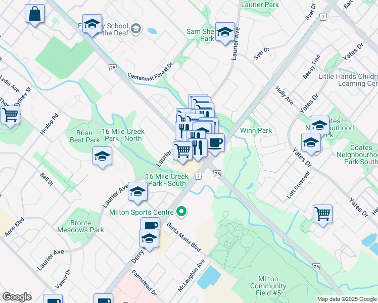 map of restaurants, bars, coffee shops, grocery stores, and more near 18-500 Laurier Avenue in Milton