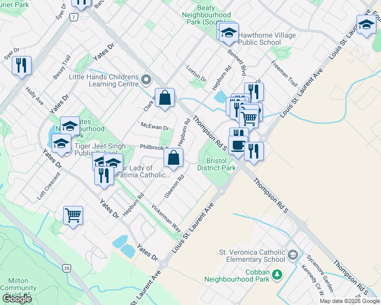 map of restaurants, bars, coffee shops, grocery stores, and more near 904 Zelinsky Crescent in Milton