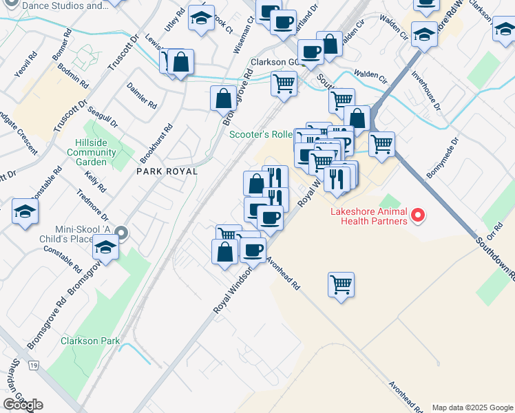 map of restaurants, bars, coffee shops, grocery stores, and more near 2265 Royal Windsor Drive in Mississauga