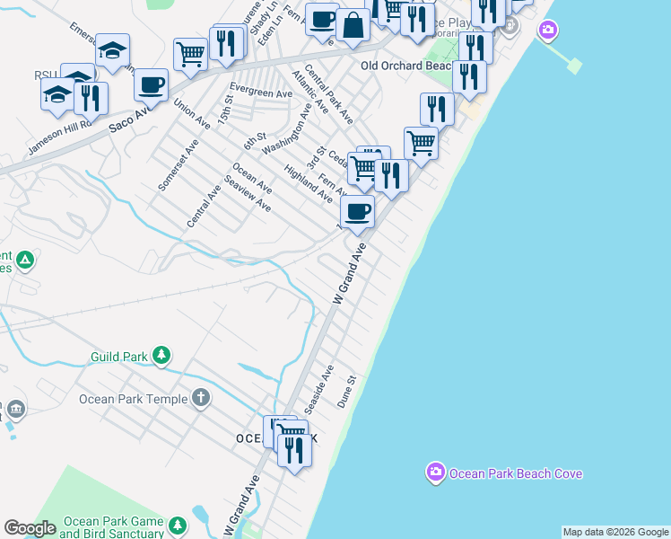 map of restaurants, bars, coffee shops, grocery stores, and more near 26 Odena Avenue in Old Orchard Beach