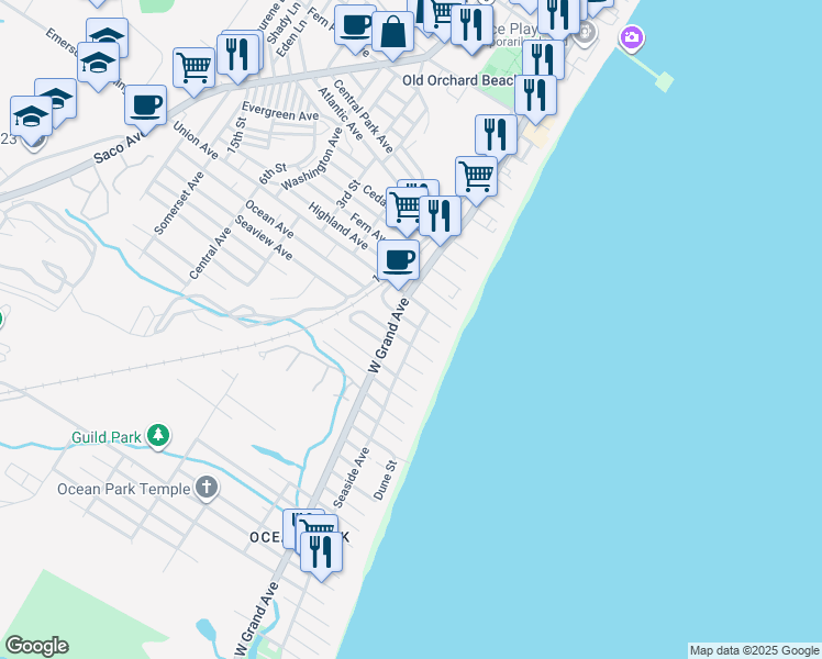 map of restaurants, bars, coffee shops, grocery stores, and more near 111 West Grand Avenue in Old Orchard Beach
