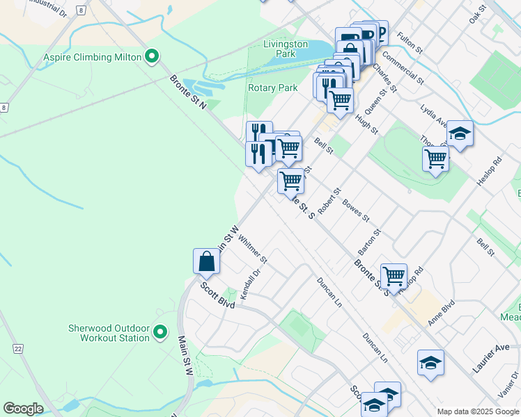map of restaurants, bars, coffee shops, grocery stores, and more near 20 Main Street West in Milton