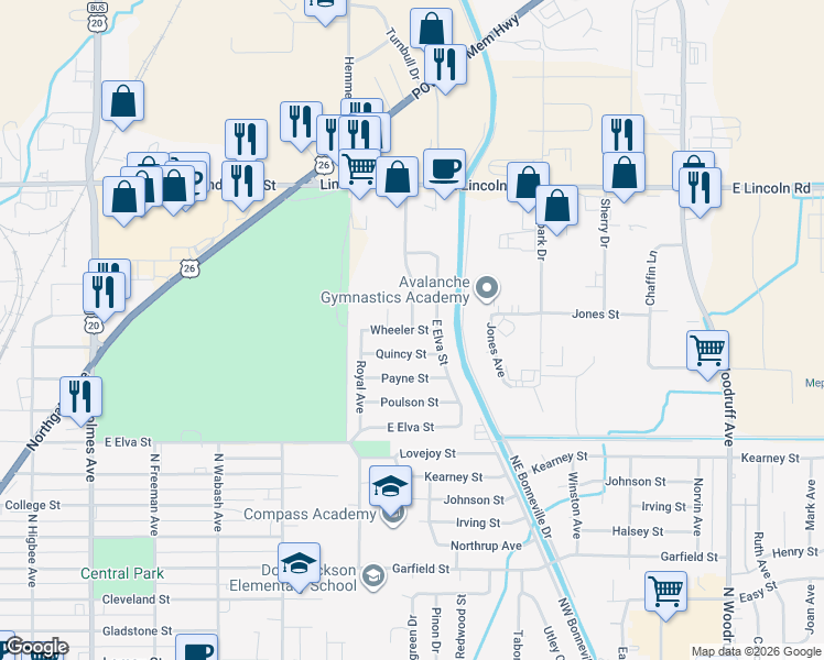 map of restaurants, bars, coffee shops, grocery stores, and more near 1326 Vernon Avenue in Idaho Falls