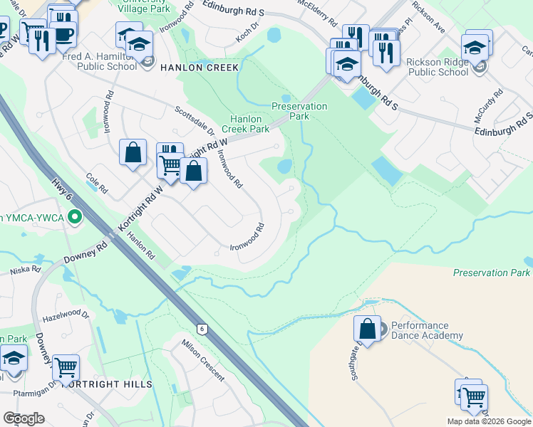 map of restaurants, bars, coffee shops, grocery stores, and more near 364 Ironwood Road in Guelph