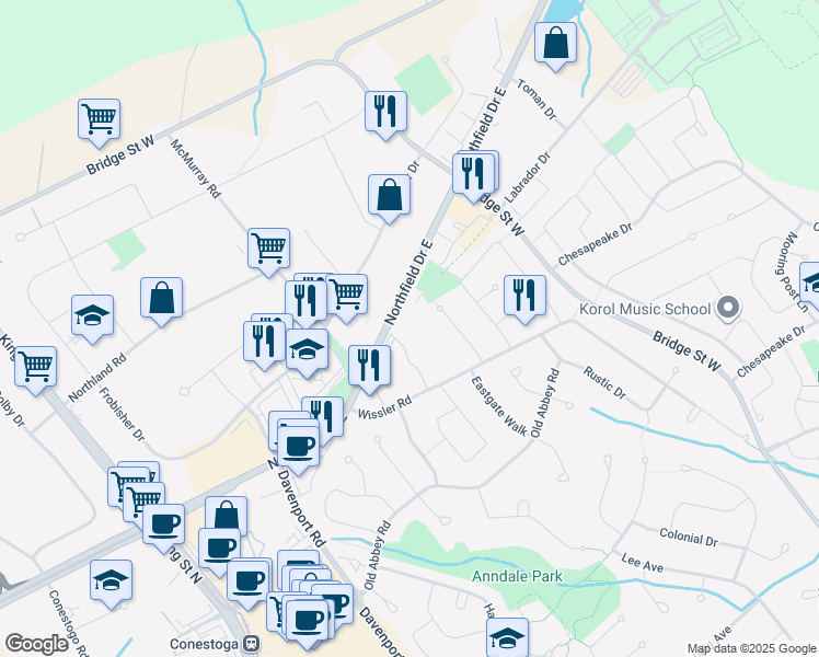 map of restaurants, bars, coffee shops, grocery stores, and more near 166 Wissler Road in Waterloo