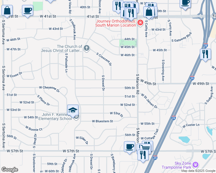map of restaurants, bars, coffee shops, grocery stores, and more near 5608 West 50th Street in Sioux Falls