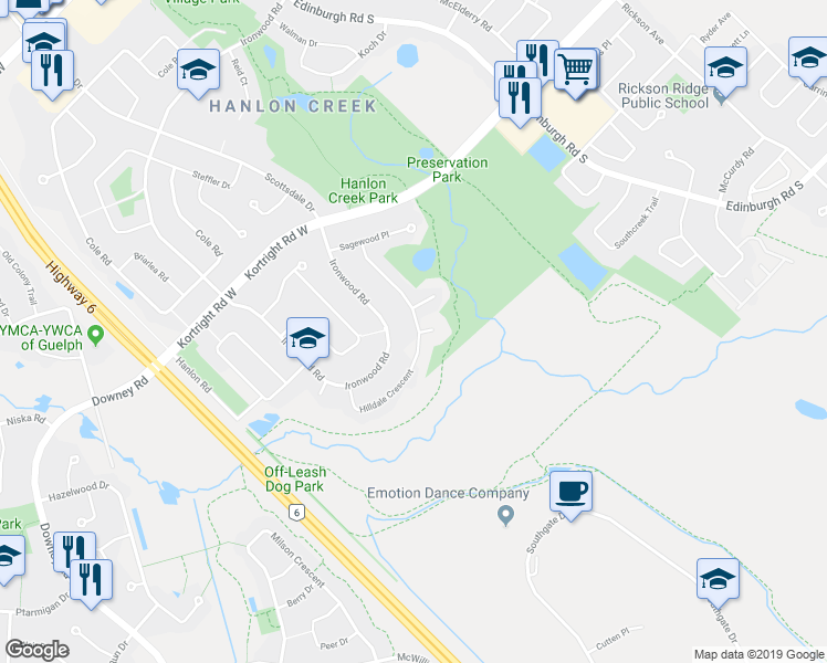map of restaurants, bars, coffee shops, grocery stores, and more near 41 Hilldale Crescent in Guelph