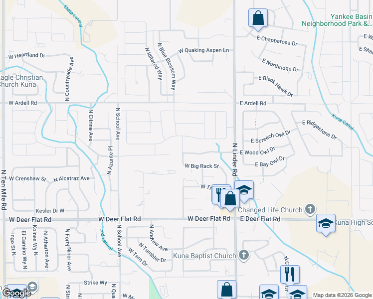map of restaurants, bars, coffee shops, grocery stores, and more near 408 West Wood Owl Drive in Kuna