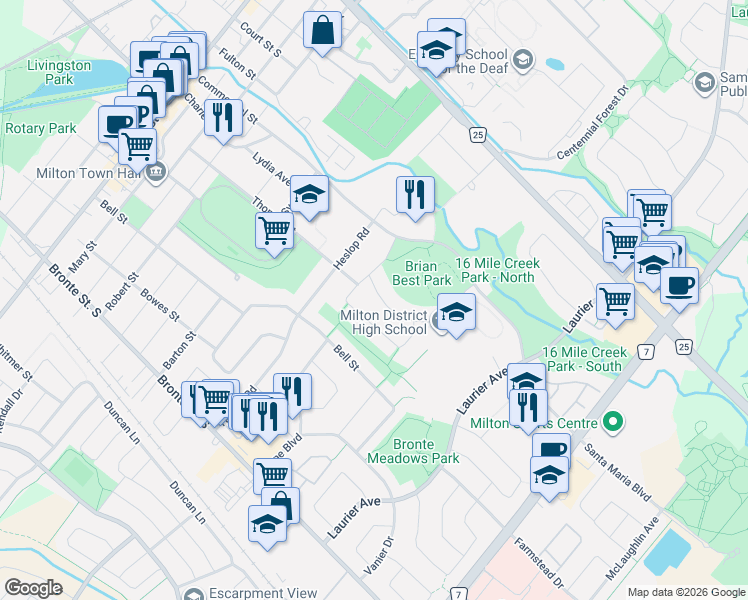map of restaurants, bars, coffee shops, grocery stores, and more near 320 Williams Avenue in Milton