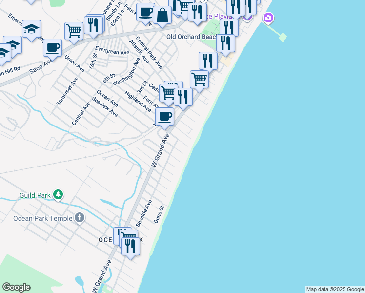 map of restaurants, bars, coffee shops, grocery stores, and more near 5 Union Avenue in Old Orchard Beach