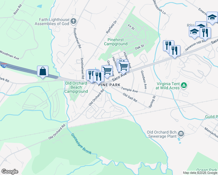 map of restaurants, bars, coffee shops, grocery stores, and more near 1 Old Orchard Road in Old Orchard Beach