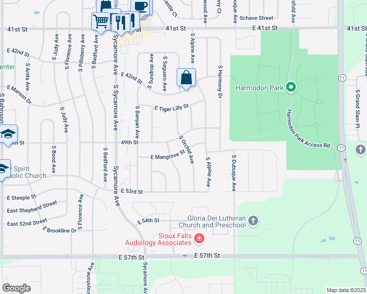 map of restaurants, bars, coffee shops, grocery stores, and more near 4809 East 49th Street in Sioux Falls