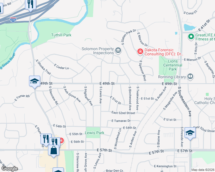 map of restaurants, bars, coffee shops, grocery stores, and more near 2005 East 49th Street in Sioux Falls