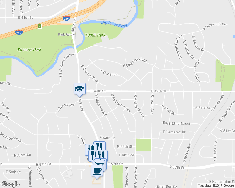 map of restaurants, bars, coffee shops, grocery stores, and more near 4100 South Ash Grove Avenue in Sioux Falls