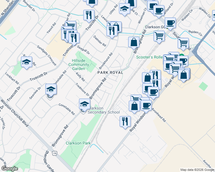 map of restaurants, bars, coffee shops, grocery stores, and more near 2380 Bromsgrove Road in Mississauga