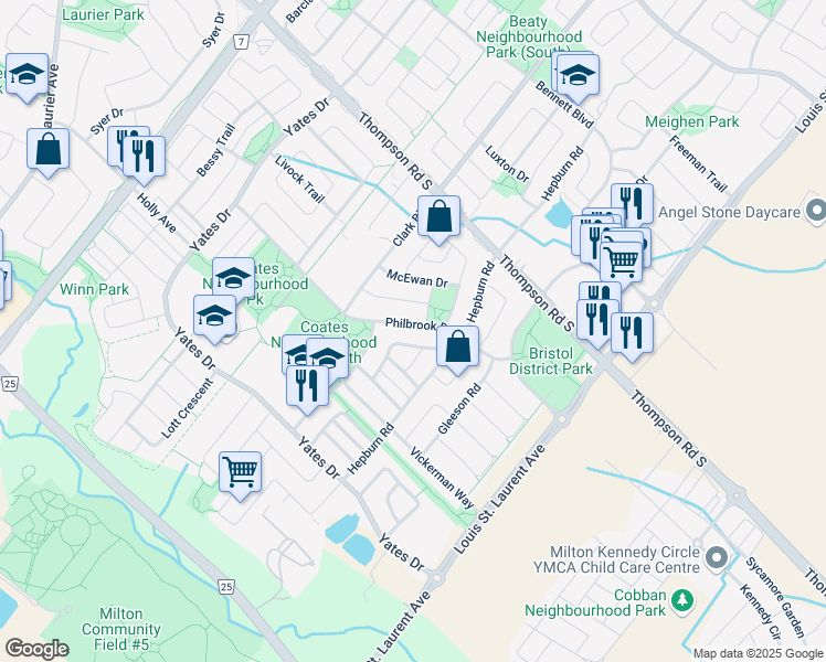 map of restaurants, bars, coffee shops, grocery stores, and more near 928 Philbrook Drive in Milton