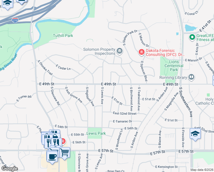 map of restaurants, bars, coffee shops, grocery stores, and more near 2005 East 49th Street in Sioux Falls