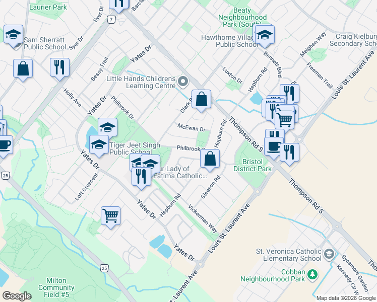 map of restaurants, bars, coffee shops, grocery stores, and more near 928 Philbrook Drive in Milton