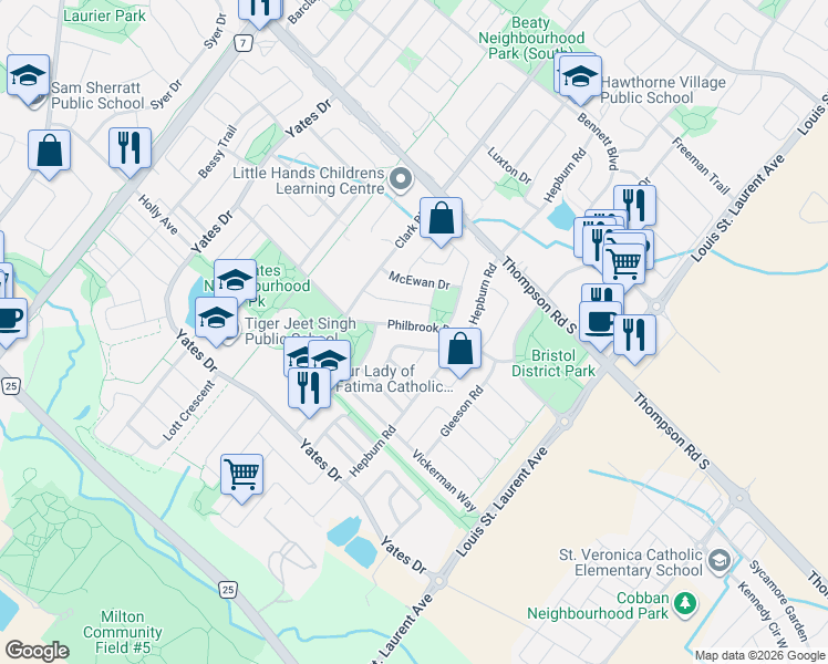 map of restaurants, bars, coffee shops, grocery stores, and more near 913 Philbrook Drive in Milton